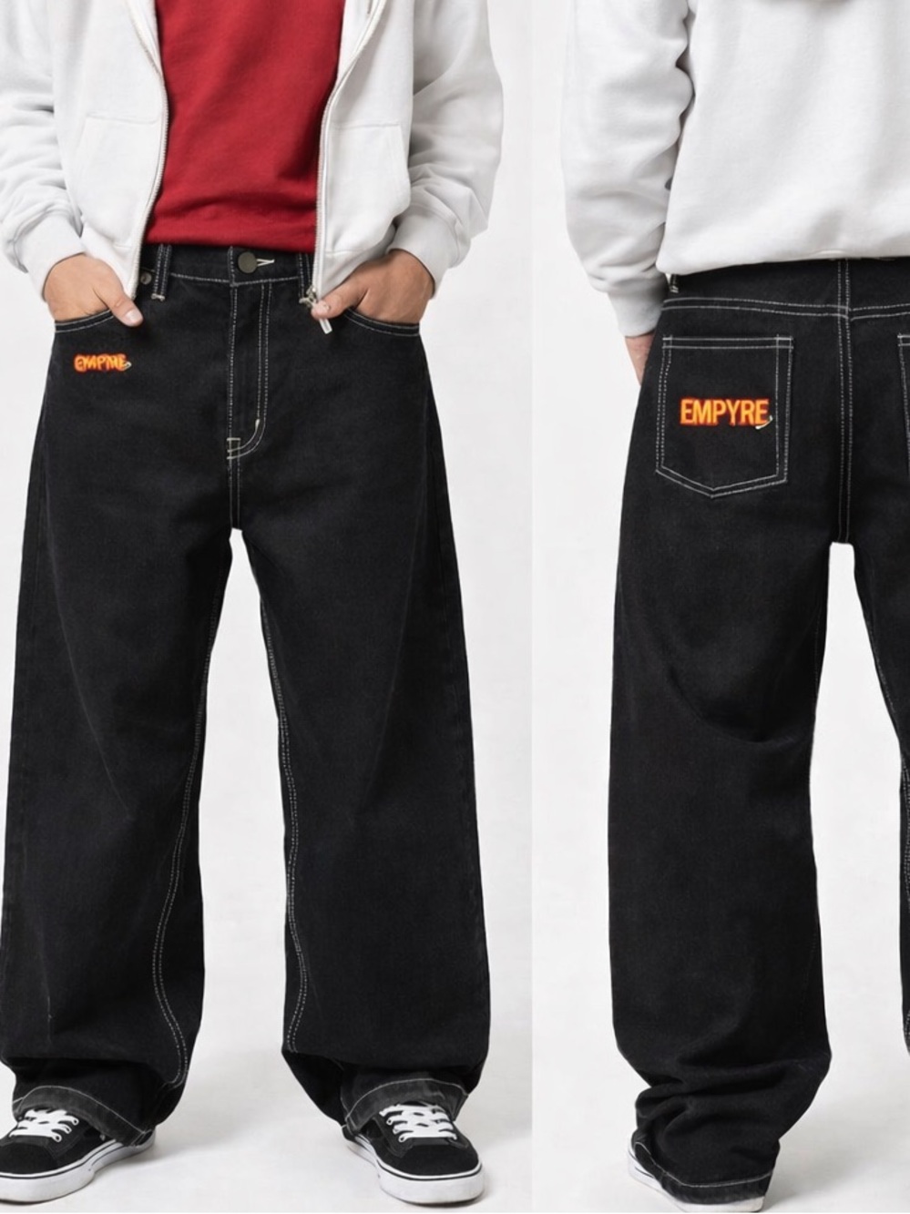 Empyre Black Relaxed Wide-Leg Jeans with Orange Logo